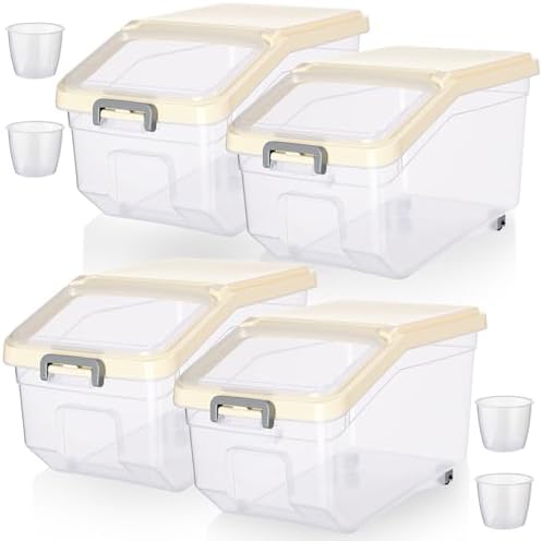 Sunnyray 4 Pcs Flour Storage Containers Rice Bin with Wheels, Beige, 22 lb by Sunnyray