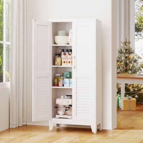 61" H Storage Cabinet, Freestanding Kitchen Pantry Cabinet with Louvered Doors, Adjustable Shelves Tall Kitchen Cabinet for Kitchen Dining Room Laundry Room, 61" H x28 W x14 D, White by AXASIIO