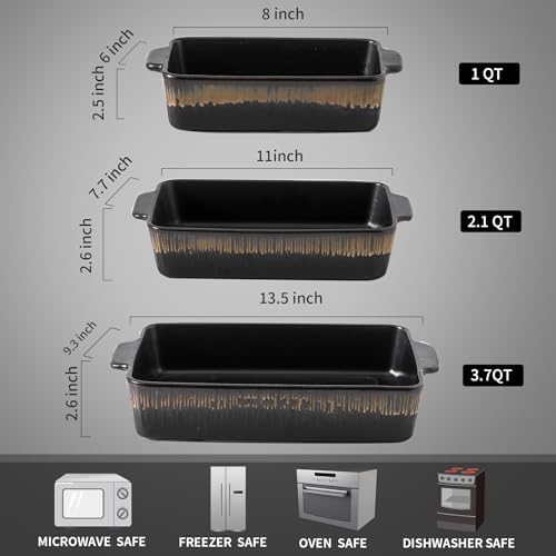 KOOV Bakeware Set, Ceramic Baking Dish, Rectangular Baking Pans Set, Casserole Dish for Cooking, Cake Dinner, Kitchen 9 x 13 Inches, 3-Piece, Stripe Series (Rough Black) - Image 3