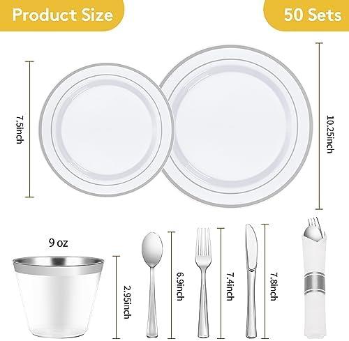 Goodluck 350 Piece Silver Plastic Dinnerware Set for 50 Guests - Image 4