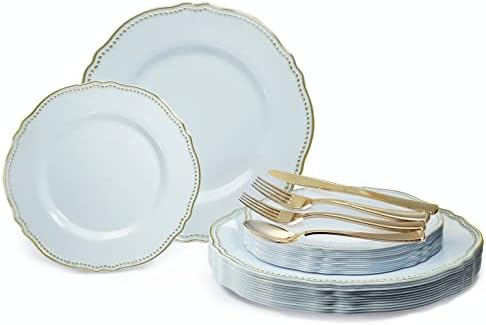 " OCCASIONS " 150pcs set (25 Guests)-Wedding Plastic Plates & cutlery -Disposable heavyweight Dinnerware 10.25'', 7.5'' + Silverware w/double fork (Rochelle Blue & Gold) by OCCASIONSFINESTPLASTICTABLEWARE