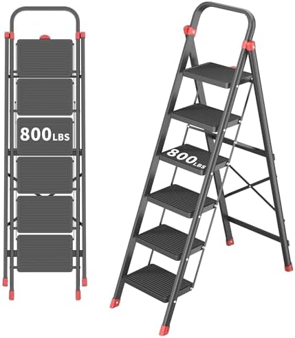 DIAMONDFORGE 6-Step Folding Step Stool Ladder with Handle, Anti-Slip Wide Pedals & Feet, 800lbs Capacity Sturdy Ladder for Home Kitchen Adults, Black Red by DIAMONDFORGE