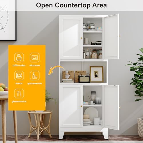 YAUWOH 69" Tall Metal Kitchen Pantry Cabinet with Microwave Shelf, 4 Doors & 3 Adjustable Shelves, Heavy Duty Food Storage Cabinet with Anti-Tip Design for Kitchen,Dining Room (1PC,White) - Image 4
