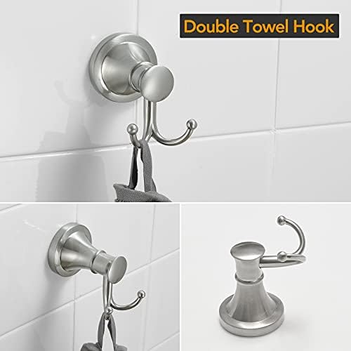 BESy Brushed Nickel 4 Piece Bathroom Accessories Set (Single Towel Bar, Towel Ring, Toilet Paper Holder, Double Towel Hooks), Wall Mounted Bath Hardware Accessory Fixtures Rack Set - Image 5