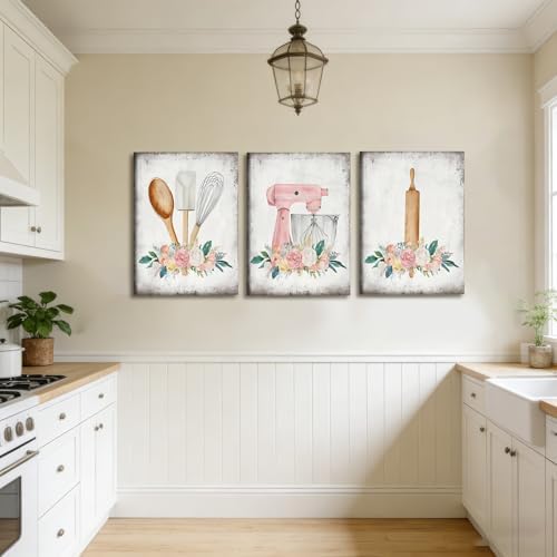 Doqueodas 3pcs Farmhouse Pink Floral Baking Theme Canvas Wall Art 12x16inch - Image 2