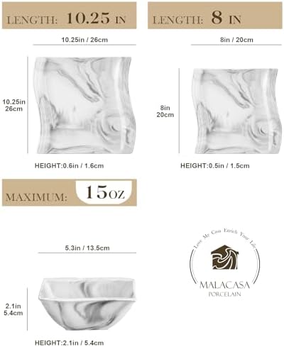 MALACASA Plates and Bowls Set, 12-Piece Modern Porcelain Dinnerware for 4, Marble Square Ceramic Dish Set, Microwave and Dishwasher Safe, Flora Series - Image 2