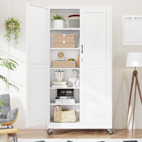Metal Storage Cabinets with Wheels, Steel Tool Cabinets Lock Door and 5 Adjustable Shelves for Home Office, Garage, Kitchen (White, 78.7" H) by Unknown