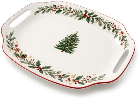 DOWAN Christmas Serving Tray with Handles - 16.5 Inch Large Ceramic Platter for Turkey, Ham & Party Food, Rectangular Serving Dish for Holiday Entertaining - Oven & Dishwasher Safe by DOWAN