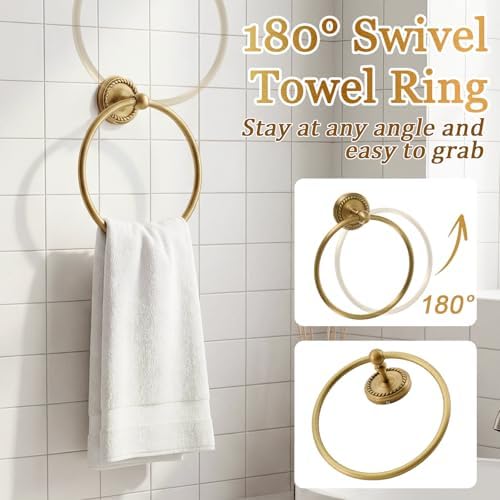 6 Pcs Antique Brass Gold Bathroom Accessories Set 15.7"-26.7" Solid Brass Towel Bar, Towel Ring, Toilet Paper Holder, Robe Hook, Wall Mounted Vintage Bath Hardware Fixture Set - Image 3