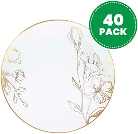[10'' Plates 40 Count] White Plastic Floral Design Party Dinner Plates With Gold Rim Premium heavyweight Elegant Disposable Tableware Dishes - Image 2