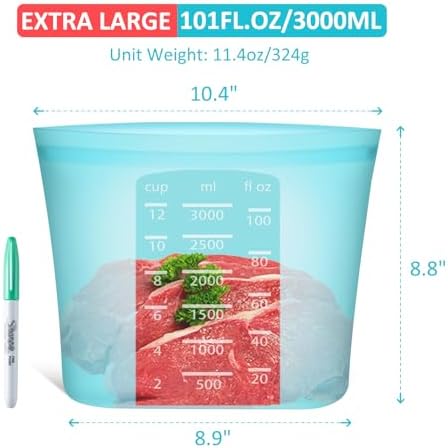 Reusable Food Storage Bags Extra Large, 0.8 Gallon/101 fl.oz/3000 ml, 4 Pack 100% Silicone Food Storage Bags Stand-Up Wide-Mouth Zip-Lock for Large Items, Freezer Microwave Oven Dishwasher Safe, Blue - Image 3