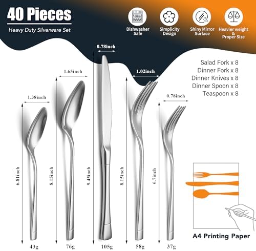 Heavy Duty Silverware Set for 8, 40-Piece 18/10 Stainless Steel Flatware Set, Mirror Polished Cutlery Modern Kitchen Eating Utensil Durable Tableware Included Knife Fork Spoon, Dishwasher Safe - Image 2