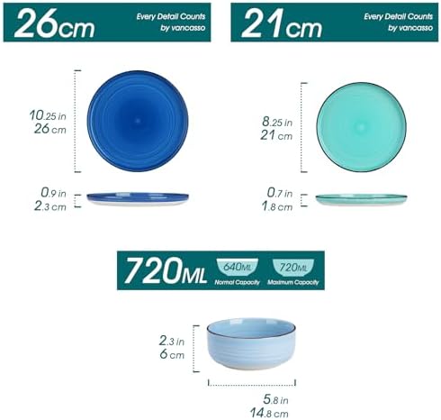vancasso Bonita Dinnerware Sets 18 Pieces, Blue Stoneware Dishes Set for 6, Plates Set and Bowls Sets, Dishwasher and Microwave Safe - Image 2