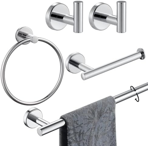 JQK Bathroom Hardware Set Polished Steel, 5-Piece Bath Accessories Set Wall Mount Includes 24 in Towel Bar, Towel Ring, Toilet Paper Holder, 2 Towel Hooks, BAS125-CH by Homeimprovement