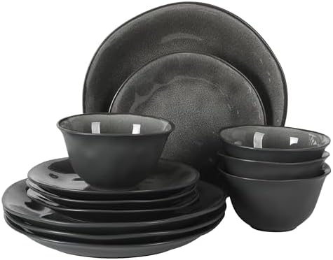 Gibson Elite Port Barton Plates and Bowls Sets, 12-Piece Stoneware Dinnerware Sets, Reactive Glaze Dish Set - Black by GibsonHomewares