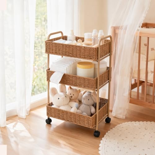 FOCHIER F Utility Storage Cart,3-Tier Rolling Kitchen Office Laundry Room Cart with Wheels,Mobile Shelving Unit Organizer for Living Room,Bathroom, Baby Diaper Cart,Art,Dining Room by FOCHIERF