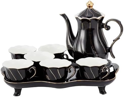DUJUST 14 pcs Tea Set of 6 with Tea Tray & Spoons, Modern Diamond Design Tea/Coffee Cup Set with Golden Trim, Chic Porcelain Living Room Decor, Fine-china Teapot/Tea Party Set, Gift Package - Black by DUJUST