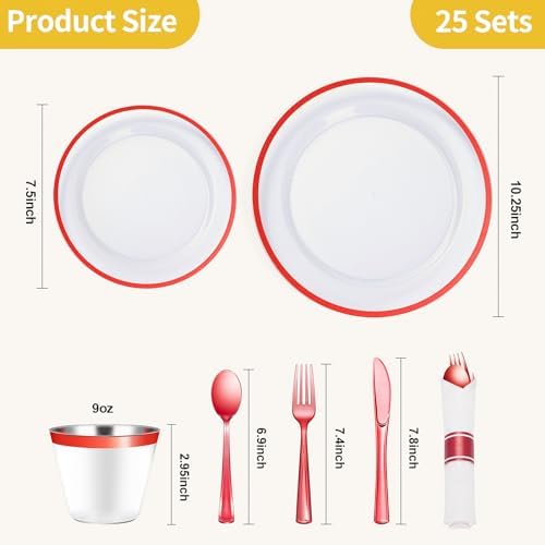 Goodluck 175 Pcs Clear Red Plastic Dinnerware Sets for Party for 25 Guests - Image 4