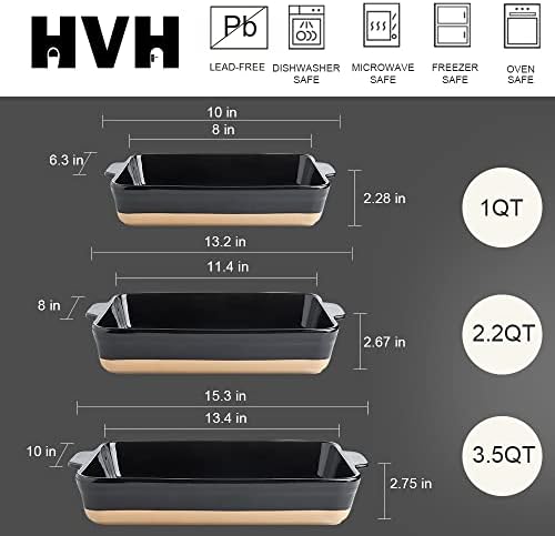 HVH Baking Dish Set, 9x13 Baking Dish, Ceramic Lasagne Pan Deep, Large Casserole Dish Set, Baking Dishes for Casseroles 13 x 9, Ceramic Bakeware Set of 3, Farmhouse Style (Black) - Image 4