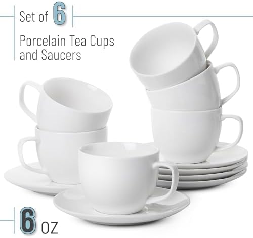 BTaT- Cappuccino Cups with Saucers 6 oz, Set of 6, White Porcelain Coffee Cup and Saucer Set for Latte, Mocha, Tea, Au Lait, Flat White, Dishwasher, Microwave, Freezer and Oven Safe - Image 2