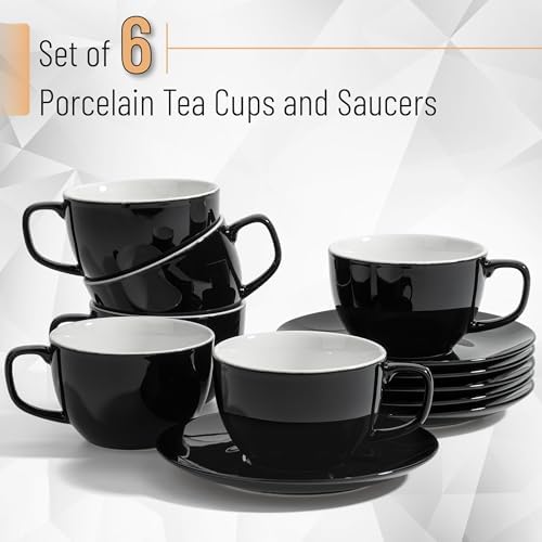 BTaT- Cappuccino Cups with Saucers 6 oz, Set of 6, Black Porcelain Coffee Cup and Saucer Set for Latte, Mocha, Tea, Au Lait, Flat White, Dishwasher, Microwave, Freezer and Oven Safe - Image 2