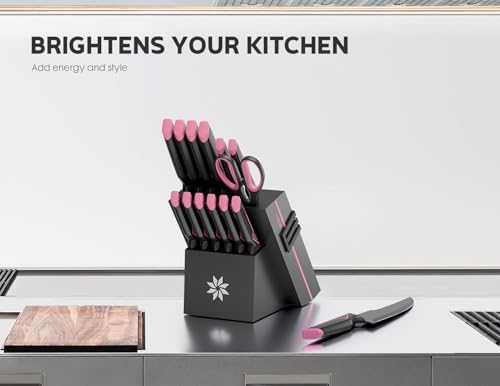 ASETY 15 PCS Knife Set with Block and Sharpener, Dishwasher Safe, Pink - Image 5