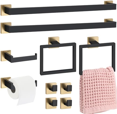 10 Pcs Black Gold Bathroom Hardware Accessories Bath Towel Bar Set by Gisafai