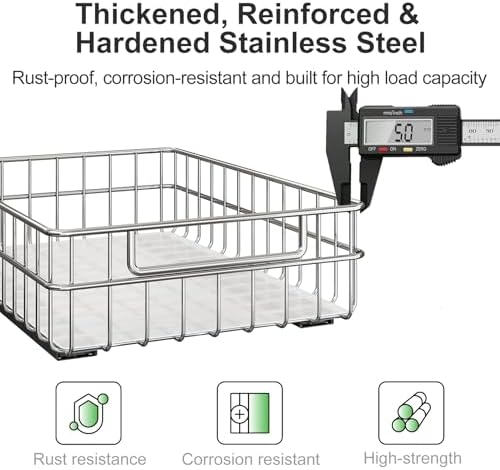 Pull out Cabinet Organizer, Stainless Steel 2-Pack Slide out Drawer with Silent Full-Extension Slides, Adhesive Roll out Can Spice Storage Basket Shelf Rack for Pantry, Kitchen, Bathroom, Home Closet - Image 3