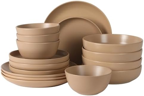Gibson Elite Leeds Court Plates and Bowls Sets, 16-Piece Stoneware Dinnerware Sets, Terracotta, Round Speckle Reactive Glaze Dish Set by GibsonHomewares