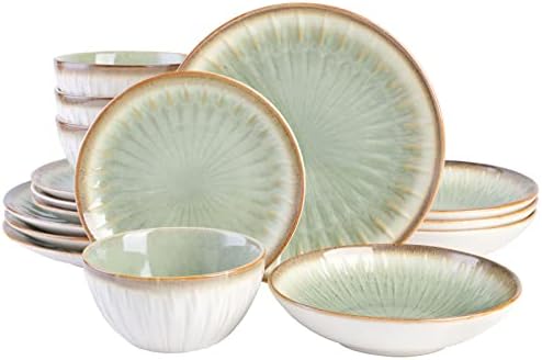 Gibson Elite Mayfair Bay 16-Piece Embossed Double Bowl Dinnerware Set, Service for 4 – Green Stoneware Plates and Bowls by GibsonHomewares