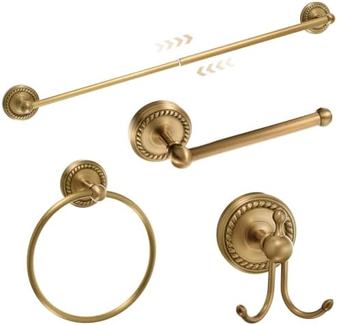 4 Pcs Antique Brass Gold Bathroom Accessories Set Wall-Mounted Adjustable Towel Rack & Round Towel Ring & Toilet Paper Holder & Robe Hook, Wall Mounted Brass Vintage Bath Hardware Set by Otoolling