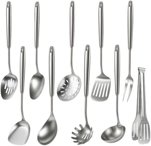 Newness 10 Pcs Cooking Utensils Set,18/8 304 Stainless Steel Kitchen Utensils Set, Metal Kitchen Accessories, Include Soup Ladle, Slotted Skimmer Spoon, Spaghetti Spoon, Spatula, Tongs,Dishwasher Safe by NewnessFocusOnStainlessSteel