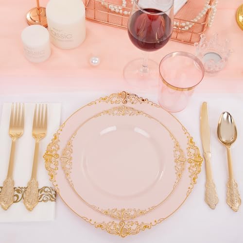 Morejoy 175pcs Pink Plastic Plates - Pink and Gold Disposable Plates sets - Image 5
