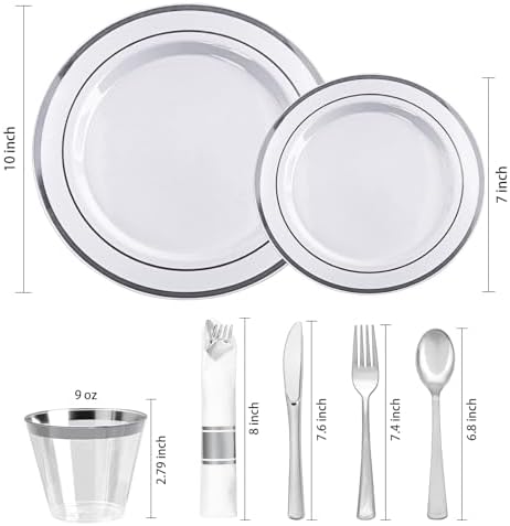 175 PCS White and Silver Plastic Dinnerware Set for 25 Guests, 50 Disposable Plates for Party, 25 Pre Rolled Napkins with Silver Silverware, 25 Cups - Image 3