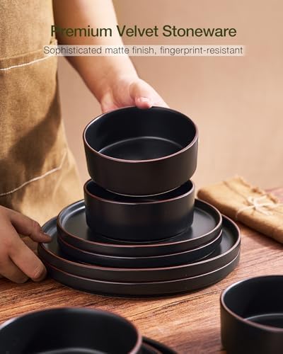 Famiware Nebula Ridge 24-Piece Dinnerware Set with Pasta Bowls, Matte Black - Image 4