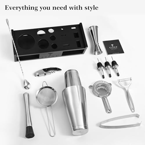 ETENS Cocktail Shaker Set Drink Mixer Bar Accessories – 15Pcs Mixology Bartender Kit Includes Boston Shaker, Japanese Jigger, Strainer, Bottle Opener, Cocktail Mixing Spoon – Handcrafted Wood Stand - Image 4