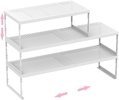 Stackable Expandable Metal Shelf Organizer - Adjustable Wire Storage Rack with Holes for Kitchen, Bathroom, Cabinet, Office - Space Saving, Durable & Sturdy Design（3PACKS/Large/White by HOMEPAGE