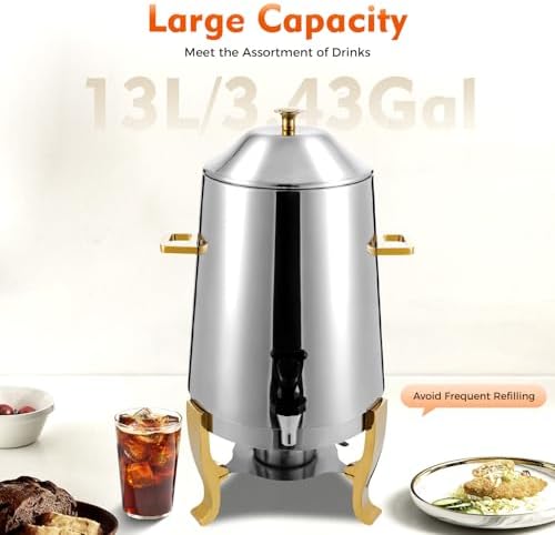 Hot Beverage Dispenser 3.43 Gallon, Beverage Dispenser Chafer Coffee Chafer Urn Gold, Stainless Steel Aluminum Alloy Tabletop Hot/Cold Drink Dispenser for Parties Buffet - Image 5