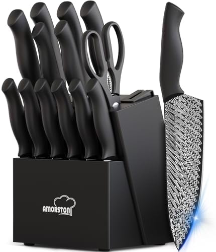 Amorston Knife Set, 15-Piece Kitchen Knife Set with Built-in Sharpener Block, German High-Carbon Stainless Steel, Dishwasher Safe, for Home Cooks and Everyday Meal Prep by Amorston
