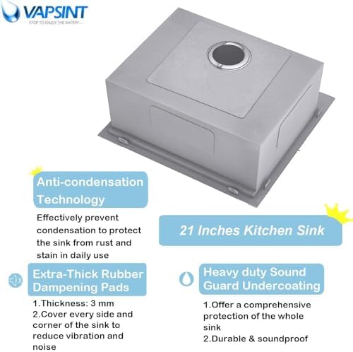 VAPSINT 21x20 Inch Drop In Kitchen Sink Workstation, 21 Inch Topmount Kitchen & Bar Sink 16 Gauge Stainless Steel Handmade Single Bowl Small Kitchen Sinks for RV Wet Prep with Accessories - Image 6