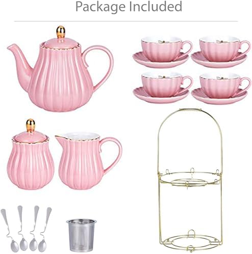 Jusalpha Fine China Pink Coffee Cup/Teacup Set, 7 OZ Cups& Saucer Service for 4, with Teapot-Sugar Bowl-Cream Pitcher Teaspoons and tea strainer for Tea/Coffee, 17-Pieces (TW Full set) - Image 2