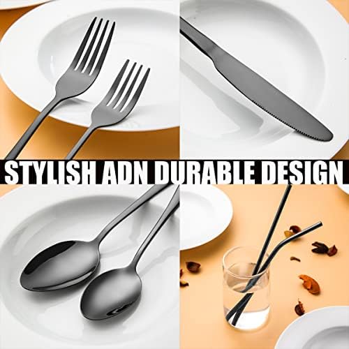 84 Pieces Black Silverware Set Service for 12 Flatware Set with Straws Stainless Steel Utensils Cutlery Set Dishwasher Safe - Image 3