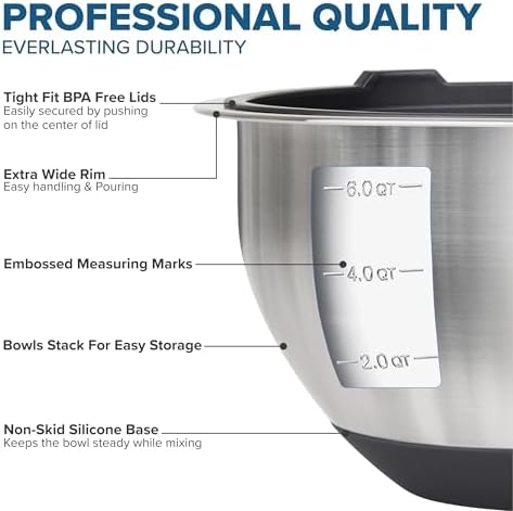 Viking Mixing Bowls Set, 10 Piece Stainless Steel Kitchen Cookware, Non-Slip Silicone Base, Includes Tight Fit Lids, Dishwasher Safe, Black - Image 3