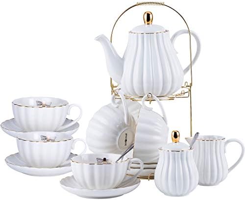 Jusalpha Porcelain Tea Set- 8 OZ Coffee/Teacup, Saucer, Cup Holder, White by Jusalpha