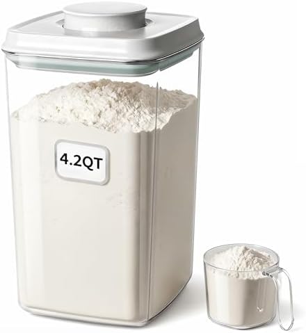 Melovom Pop Airtight Food Storage Container with Lid, 4L/4.2qt Large Cereal Flour Sugar Storage Container with Scoop, One Button Opening, BPA-Free, Kitchen Pantry Organization and Storage by Melovom