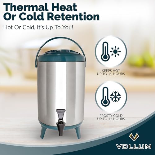 Vollum Stainless Steel Insulated Beverage Dispenser – Insulated Thermal Hot and Cold Coffee Carafe – 10 Liter Drink Dispenser with Spigot for Hot Water, Tea & Coffee, Cold Milk, Juice & More Teal - Image 3