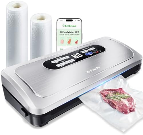 Vacuum Sealer Machine with AirLock ProSeal System, 10-in-1 Vacuum Sealer for Food, Moist/Dry Sealing Modes, Compact Design with Digital Timer, Built-in Cutter & Roll Storage, Stainless Steel by BeeliciousPro