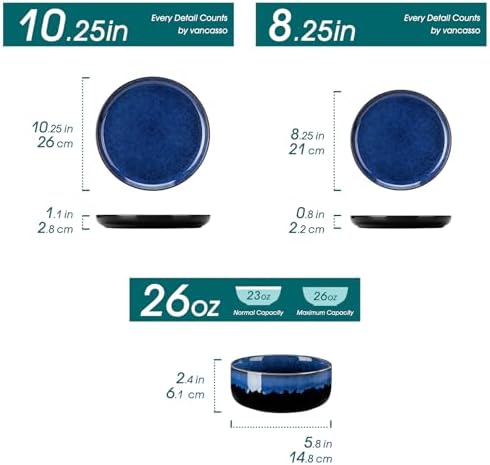 vancasso Starry 12 Pieces Dinnerware Sets for 4, Blue Reactive Glaze Dishes Sets, Ceramic Plates and Bowls Set, Dinner Salad Dessert Plates, and Cereal Bowls Set, Dishwasher and Microwave Safe - Image 2