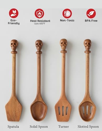 Acacia Wood Cooking Utensil Set with Skull Handles – 4-Piece FSC Certified Acacia Wood Kitchen Tools, Eco-Friendly Nonstick Safe Cooking Utensils (Spatula, Spoon, Slotted Turner, Slotted Spoon) - Image 4