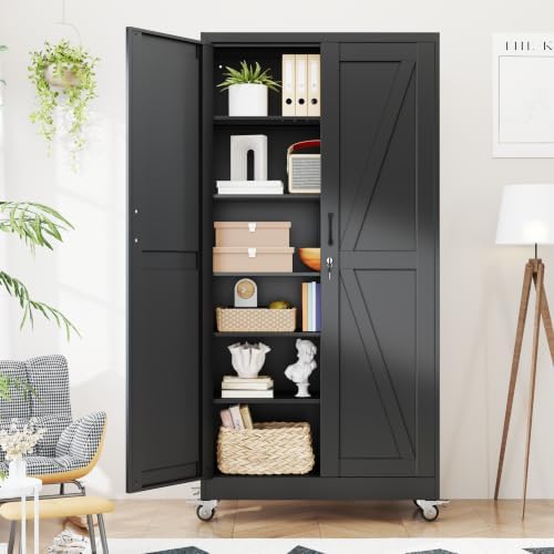 Metal Storage Cabinets with Wheels, Steel Tool Cabinets Lock Door and 5 Adjustable Shelves for Home Office, Garage, Kitchen (Black, 73.6" H) by Unknown